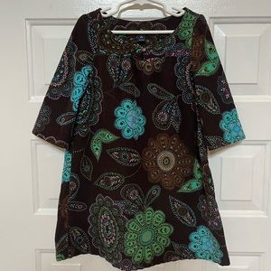 Girls GapKids brown corduroy shift dress with turquoise, green floral pattern